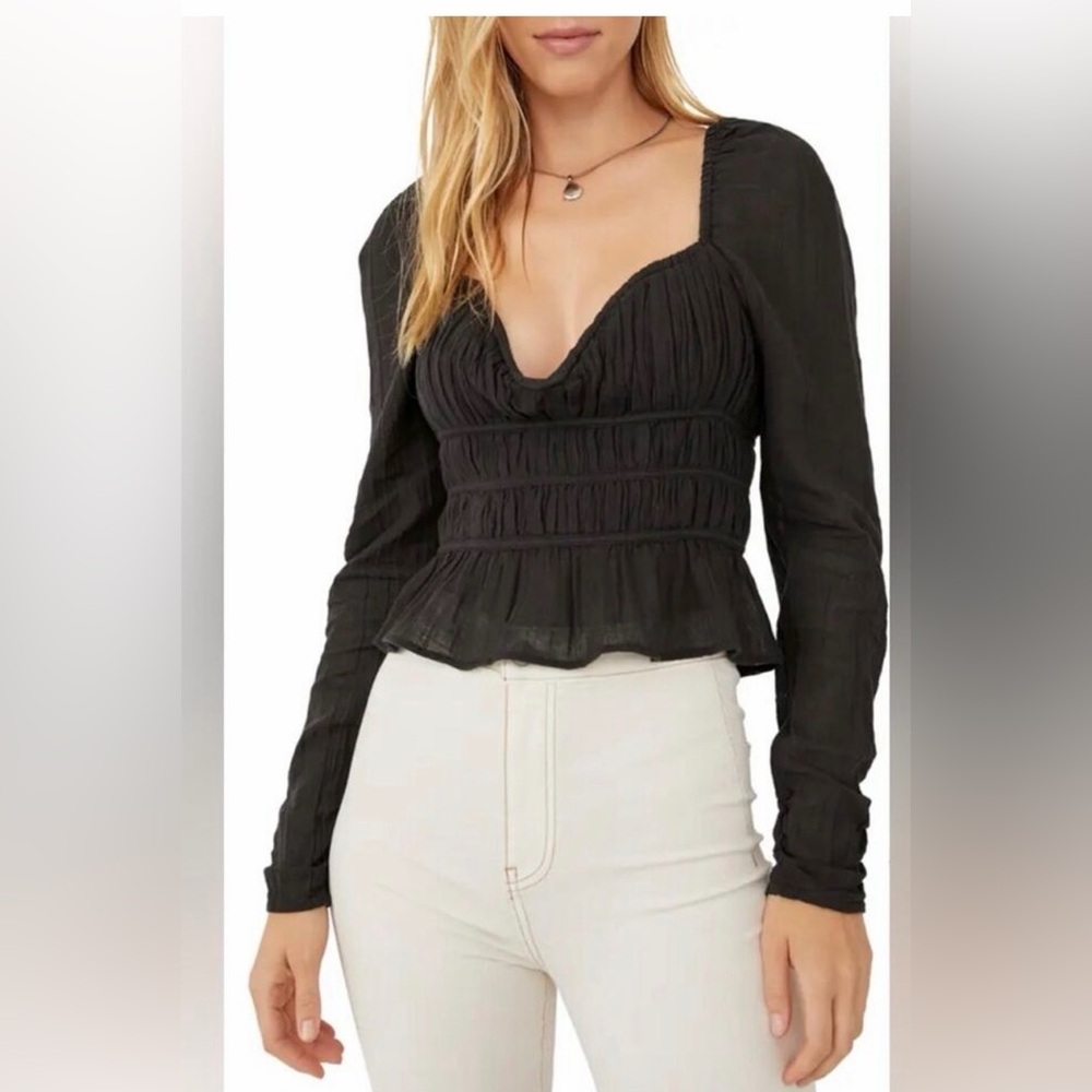 ⭐️NWT Free People Chloe Smocked Tie Neck Cotton Top⭐️